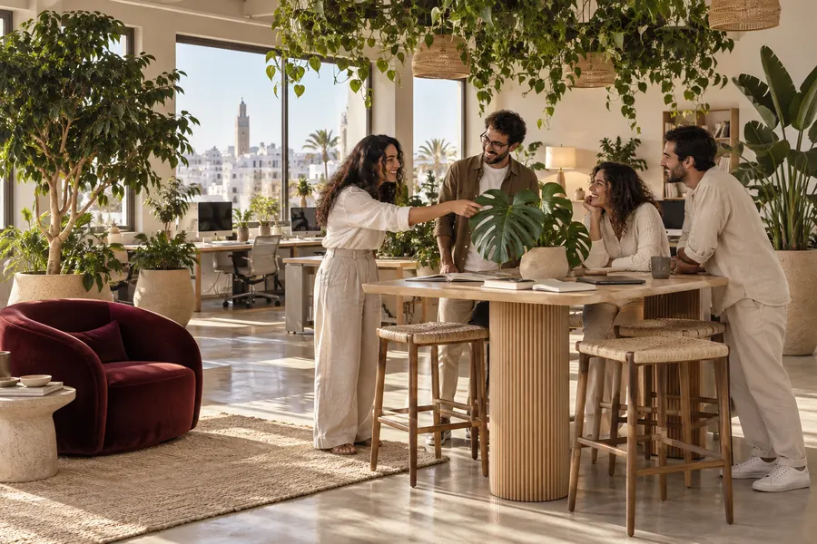 Une équipe autour d’une table haute dans un open space végétalisé