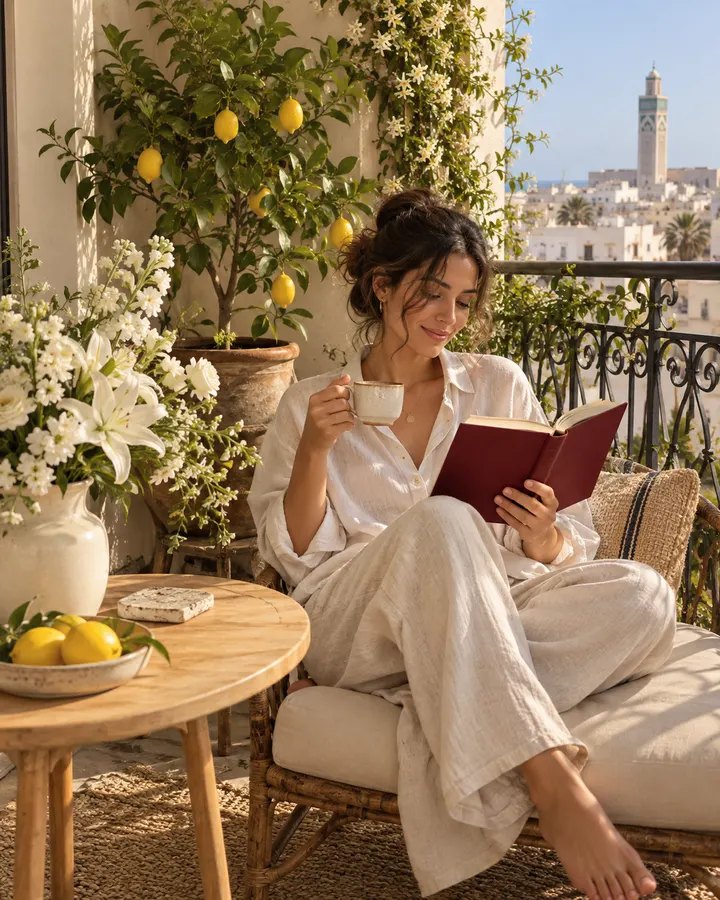 Une femme lit sur un balcon de Casablanca, entre un citronnier et un bouquet de fleurs blanches